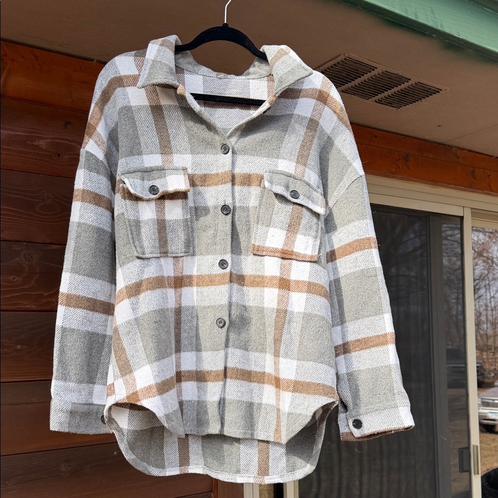 Source Unknown Plaid Utility Shacket in Beige, Cream, and Tan